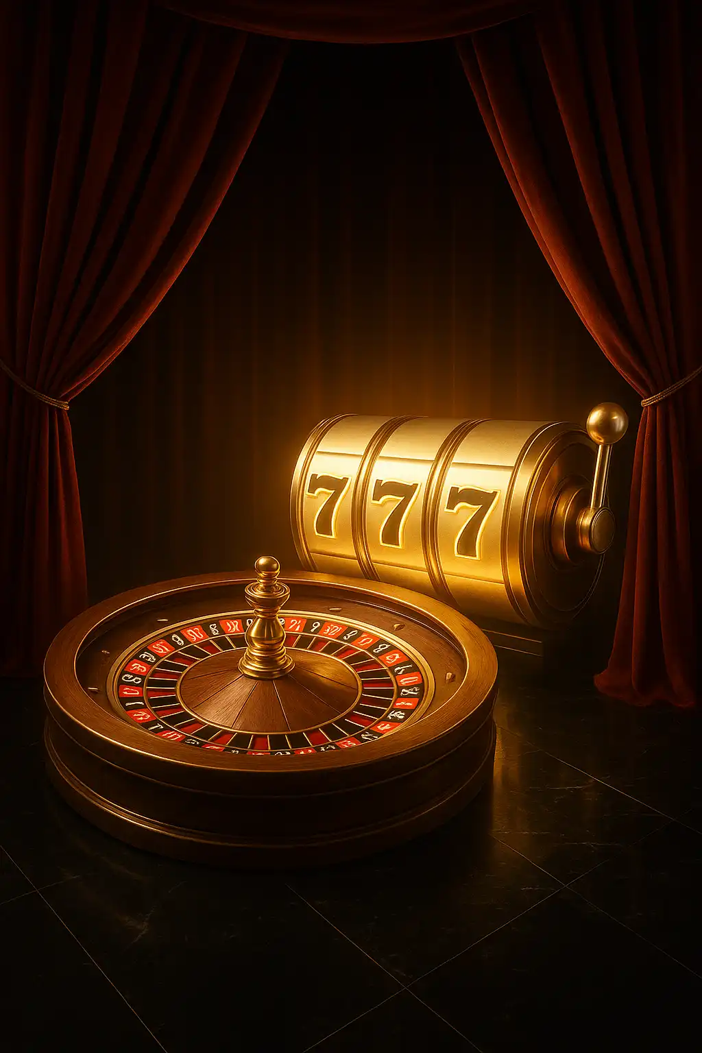 Glamorous roulette table and spinning reels in a red velvet casino lounge